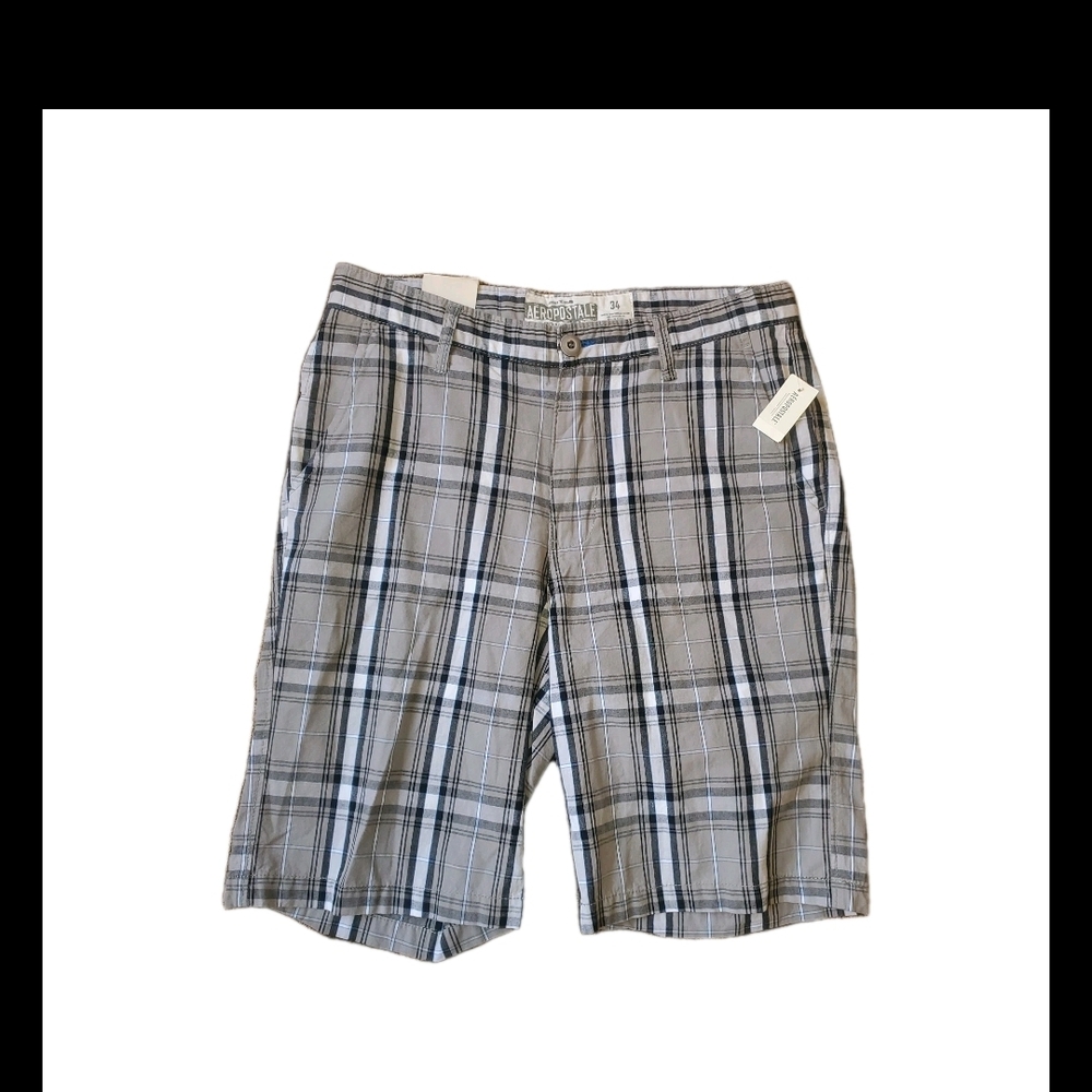 Aeropostale Men’s Gray White Black Plaid Shorts 34” NEW